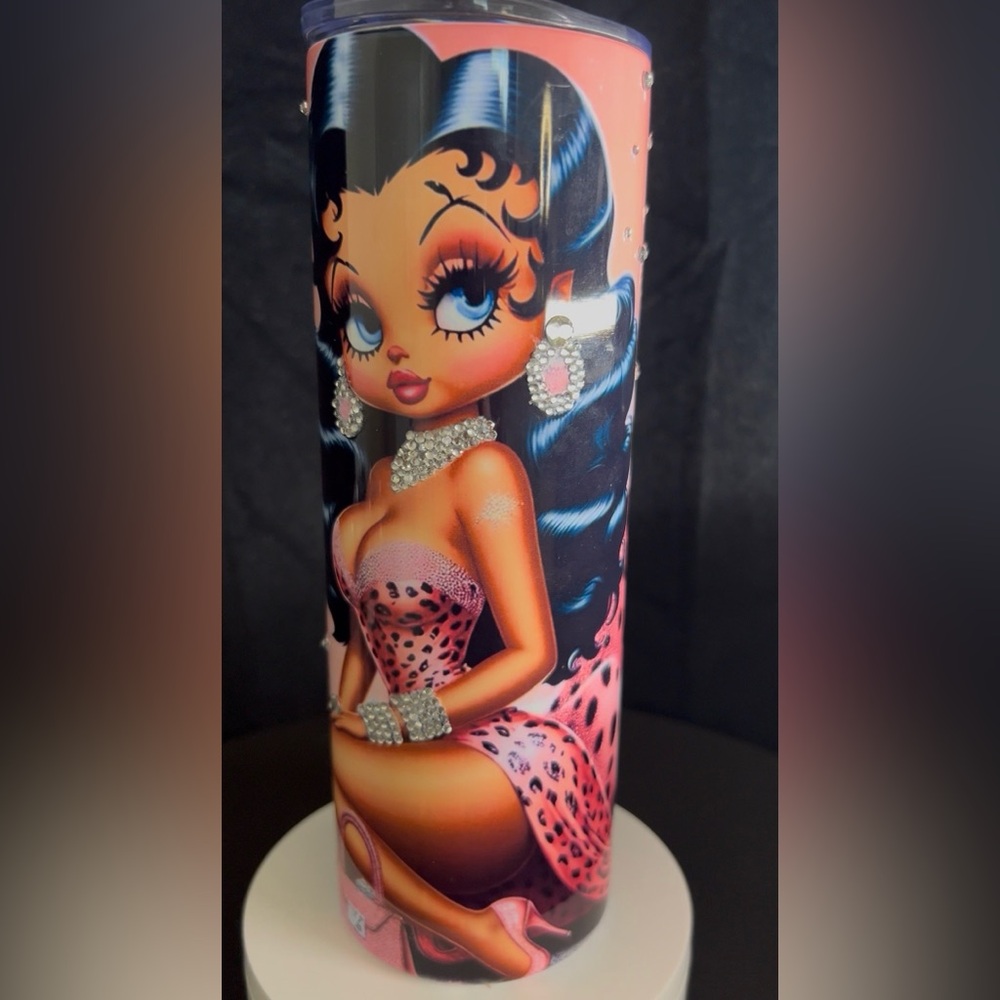 (Handmade)

Pink Leopard Glam 20oz Tumbler with Betty Boop–Style Pin-Up Art